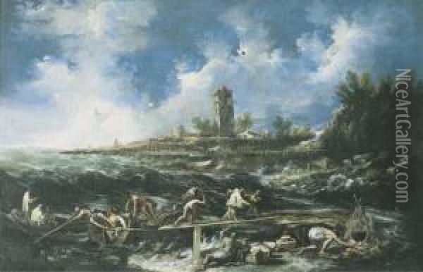 Castaways Landing On The Beach After The Storm, A Village Beyond Oil Painting - Antonio Francesco Peruzzini