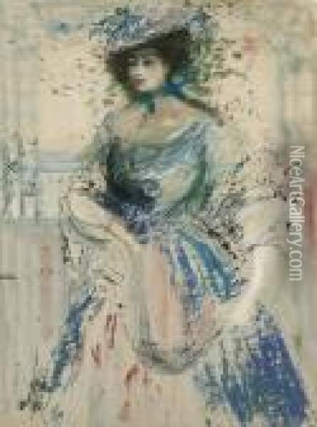 Lady In Blue Dress Oil Painting - Charles Edward Conder