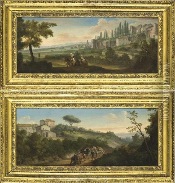 Due Paesaggi Della Campagna Romana Con Viandanti Oil Painting - Paolo Anesi