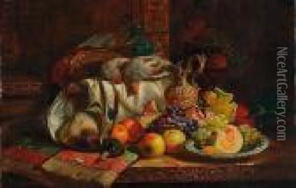 Still Life Of Fruit, Game And An Ewer Oil Painting - Charles Thomas Bale