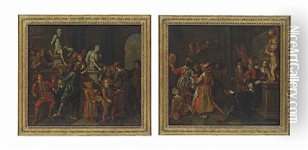 A Masque In A Sculpture Gallery With Revellers Playing A Trumpet, A Tambourine And A Drum; And A Masque In Sculpture Gallery With Revellers Playing A Tambourine And A Hurdy-gurdy (pair) Oil Painting - Jan Josef Horemans the Younger