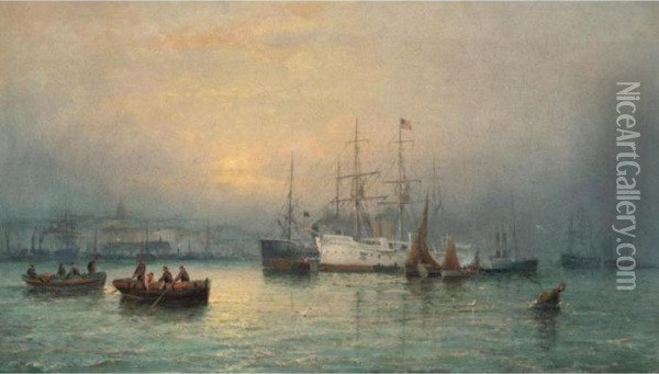 Harbour Scene With Steamboat Oil Painting - William A. Thornley Or Thornber