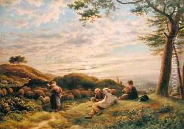 Shepherd Boys tending their Flock at Sunset 1889 Oil Painting - James Thomas Linnell