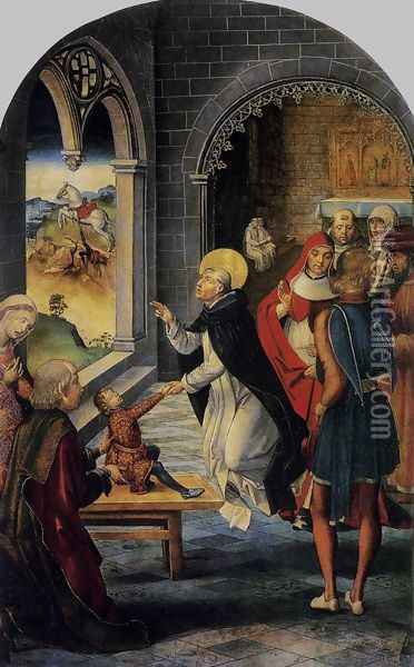 St Dominic Resurrects a Boy c. 1495 Oil Painting - Pedro Berruguette