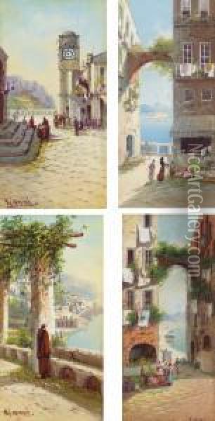 View From A Convent, Capri; Town
 Square, Capri; Flower Market With A Veiw Of Castel Del'ovo, Naples; And
 A Flower Market With A View Of Vesuvius, Naples Oil Painting - Girolamo Gianni