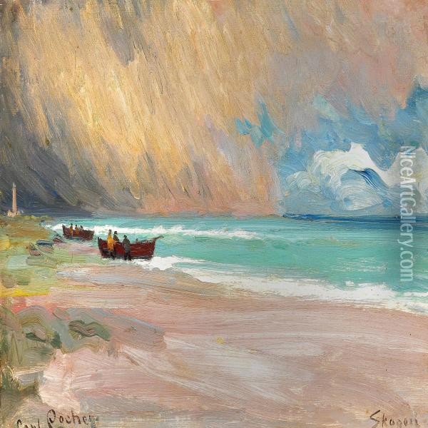 Seascape With Fishing Boats On The Beach, Skagen Oil Painting - Carl Locher