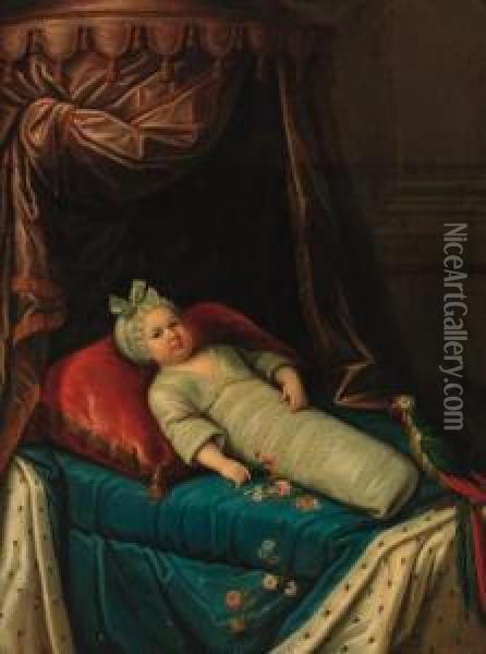 Portrait Of A Child, Said To Be 
The Enfant De France, Full-lengthin Swaddling Clothes With A Parrot On A
 Canoped Bed With An Erminelined Cover And A Crimson Cushion Oil Painting - Ircle Of Martin Van Mytens