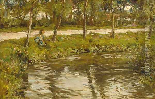 A stream by the roadside Oil Painting - James Charles