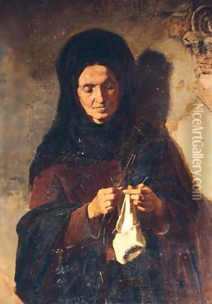 Portrait Of A Woman Knitting Oil Painting - Pericles Pantazis