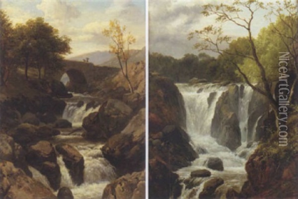 Welsh Waterfall Scene Oil Painting - Edmund Gill
