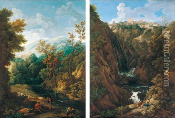 A Classical Landscape With Shepherds Beside A Waterfall, Said To Be A View Of Tivoli Oil Painting - Jan Frans Van Bloemen (Orizzonte)