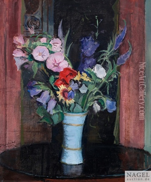 Stilleben Mit Bunten Sommerblumen In Turkisblauer Vase Mit Golddekor Oil Painting - Jean Hippolyte Marchand
