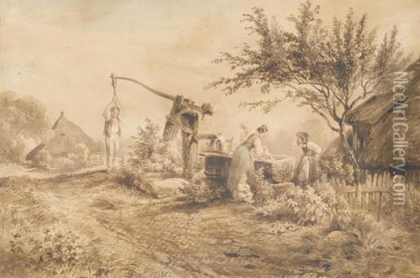 Dorfpartie Mit Bauersleuten An Einem Brunnen. Oil Painting - Georges Grisel