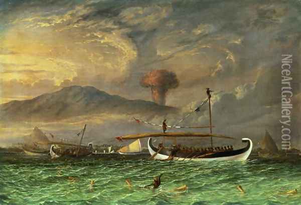 Volcano and fishing proas near Passoeroean, on the Java coast, Indonesia Oil Painting - Thomas Baines