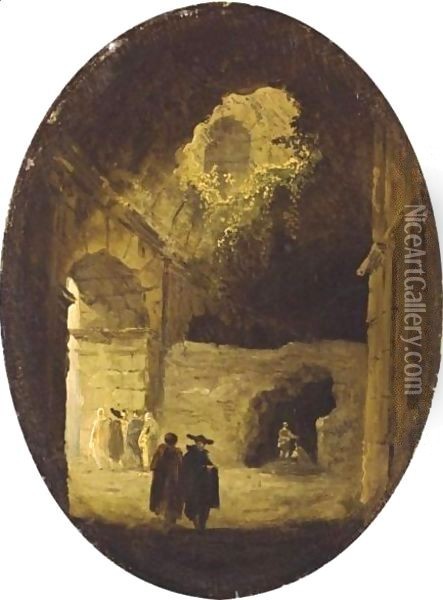 Figures Under Arcades Oil Painting - Hubert Robert