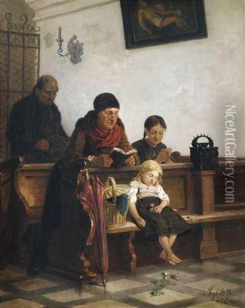 A Little Girl Has Been Falling Asleep In The Church During Service. Oil Painting - Seybold Georg Von
