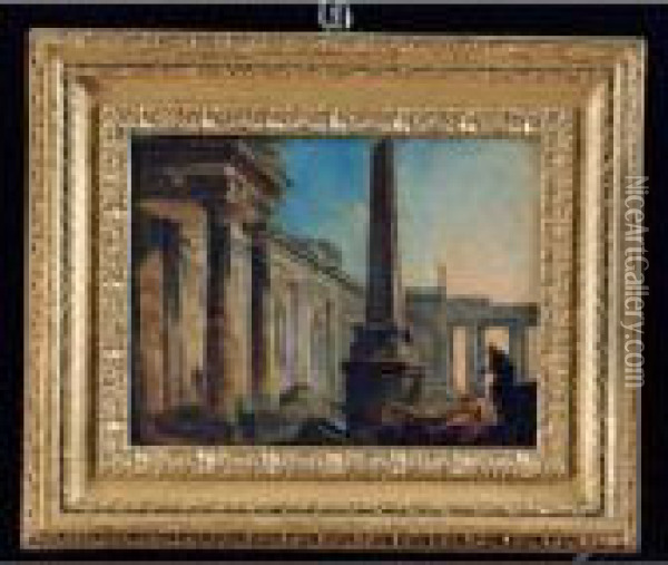 Capriccio Architettonico Con Tempio, Obelisco E Figure Oil Painting - Hubert Robert