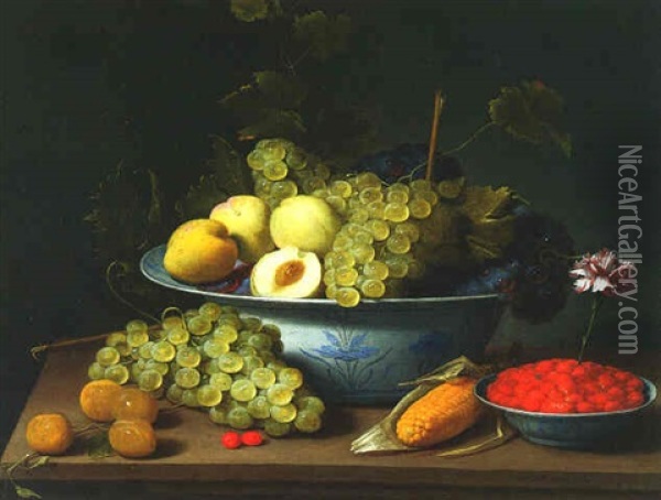 Still Life Of Fruits And Leaves And Strawberries And A Carnation In Wanli-kraak Bowls With Other Fruits And An Ear Of Corn On A Table Oil Painting - Jacob Fopsen van Es