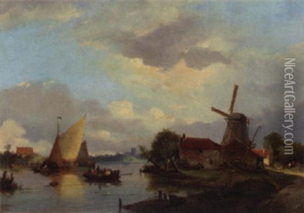 A River Landscape In Summer With Figures On A Ferry Oil Painting - Adrianus David Hilleveld