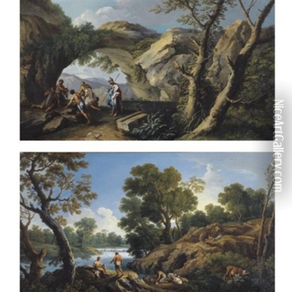 A Rocky Landscape With A Horseman And Brigands By A Path (+ A River Landscape With A Shepherd And Other Figures Resting On A Rocky Bank; Pair) Oil Painting - Andrea Locatelli