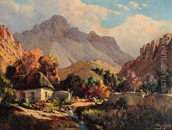 Farmhouse Between The Mountains, Cape Province Oil Painting - Tinus de Jongh