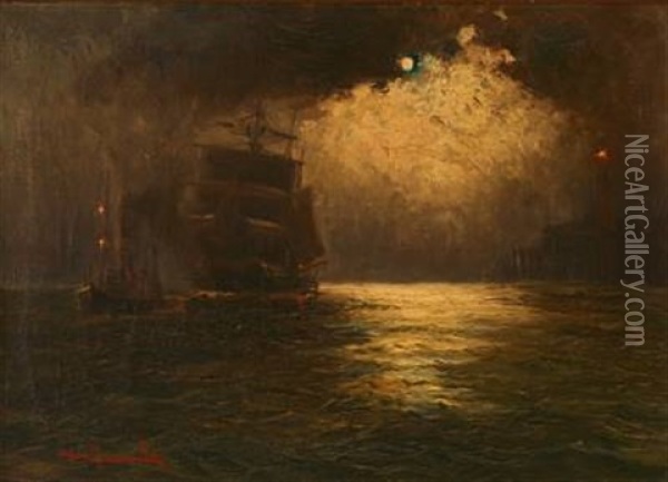 Seascape With Sailing Ships At Sea In Moonlight Oil Painting - Alfred Serenius Jensen