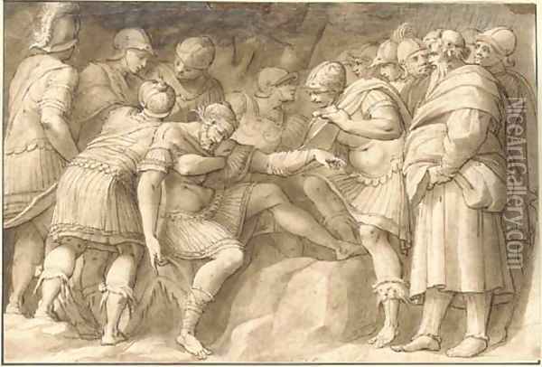 The wounded Scipio the Elder carried by his soldiers, after Polidoro da Caravaggio Oil Painting - Joseph The Elder Heintz