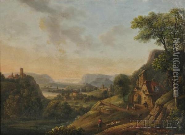 View Of The Rhine/an Expansive Landscape Oil Painting - Christian Georg Ii Schuz