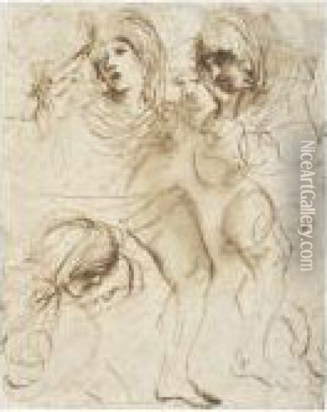 Sheet Of Studies Of The Heads Of Girls And Of Legs Oil Painting - Guercino