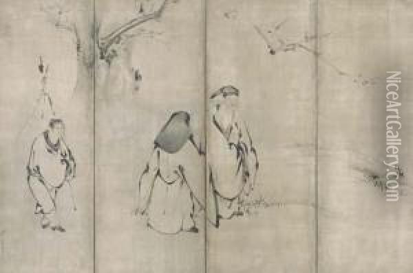 Chinese Poets And An Attendant Beneath Plum Tree Oil Painting - Kaiho Yusho