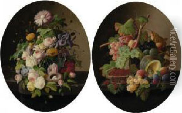 Flowers And Fruit: A Pair Of Still Lifes Oil Painting - Severin Roesen