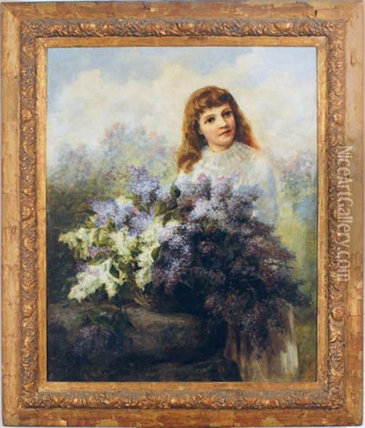 A Girl With A Bouquet Of Lilacs In A Landscape Oil Painting - Elizabeth Hubbard
