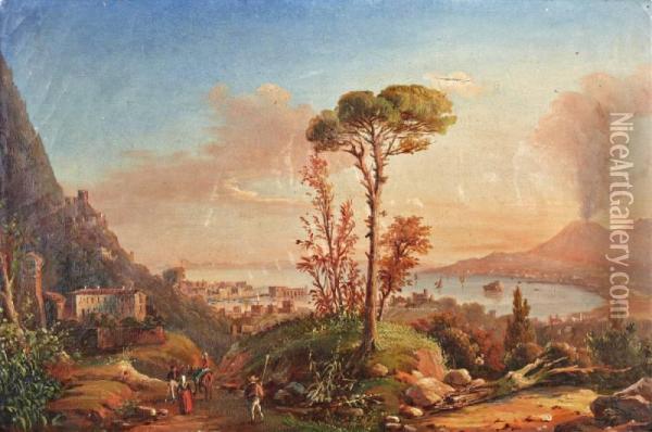 Zicht Op De Baai Van Napels Met De Vesuvius Oil Painting - Castellemare