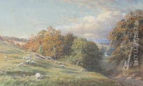 A Wooded Hilly Landscape With Sheep Grazing To The Fore, A Shepherd Nearby Leaning On A Silver Birch, Signed And Dated 1868, Watercolour Oil Painting - George Mawley