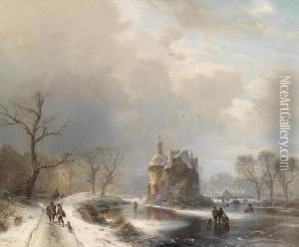 Winterlandscape With Iceskaters And Hunters Oil Painting - Carl Hilgers