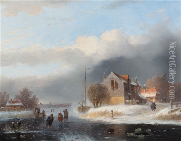 Icescape With Skaters And Koek-en-zopie Stand Oil Painting - Jacobus Van Der Stok