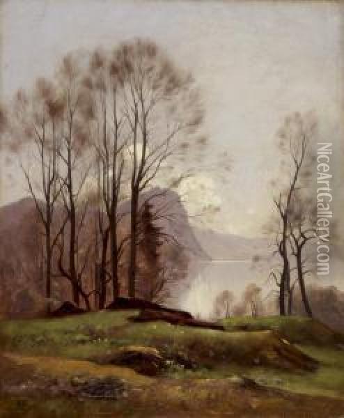 Baume Im Herbst An Einem Seeufer Oil Painting - Auguste Louis Veillon