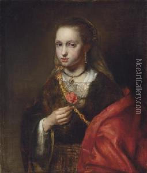 Portrait Of A Lady, Half-length, In A Black Dress And Red Shawl, Holding A Flower Oil Painting - Abraham van Dijck