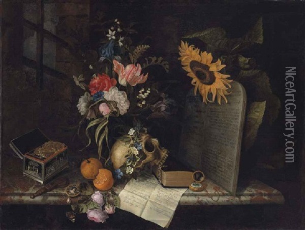 Roses, Tulips, Irises And Other Flowers In A Vase, A Skull With A Wreath Of Morning Glory, And Oranges, Roses, A Book, A Pocket Watch... Oil Painting - Maria van Oosterwyck