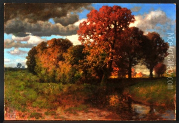 Herbstlandschaft Mit Bachlauf Oil Painting - Traugott Hermann Ruedisuehli