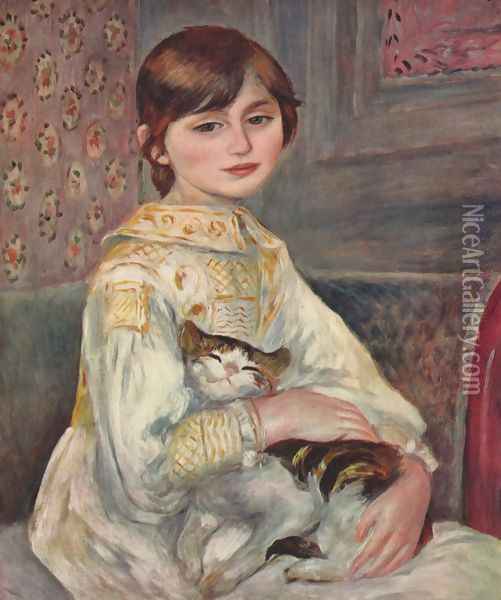 Portrait of Mademoiselle Julie Manet with a cat Oil Painting - Pierre Auguste Renoir