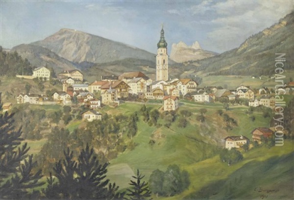 Ort Mit Hohem Kirchturm In Sudtirol Oil Painting - Eduard Burgauer