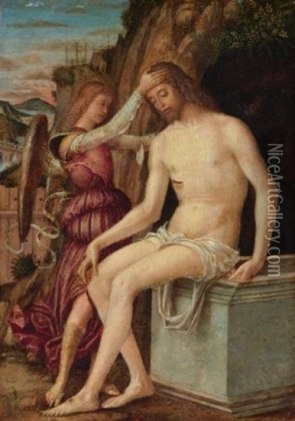 The Resurrected Christ With An Angel Oil Painting - Gian-Francesco de Maineri