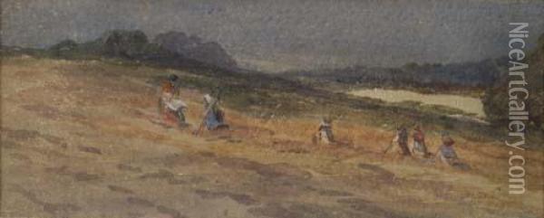 Landscape With Peasants In A Field Oil Painting - David I Cox