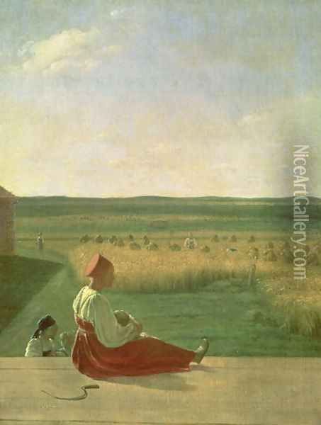 Harvesting in Summer, 1820s Oil Painting - Aleksei Gavrilovich Venetsianov