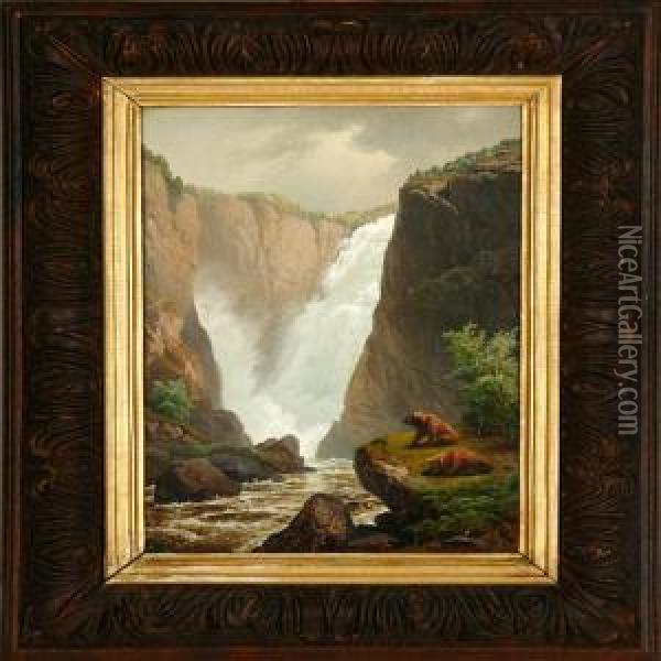 Brown Bears Ata Waterfall Oil Painting - Georg-Eduard Otto Saal