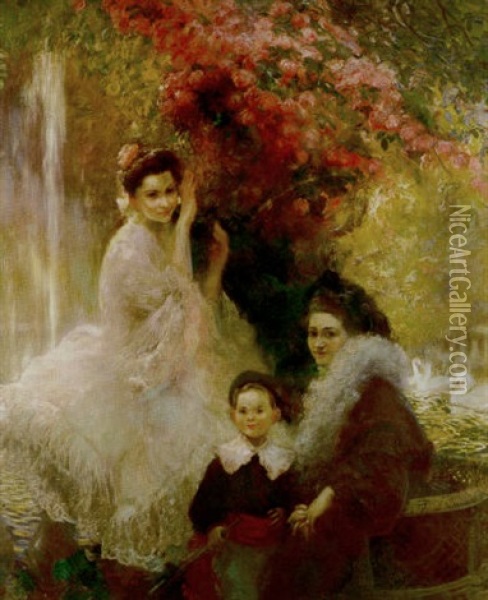 Portait Of Mme. Latouche With Her Children, Solange And Pascal Oil Painting - Gaston La Touche