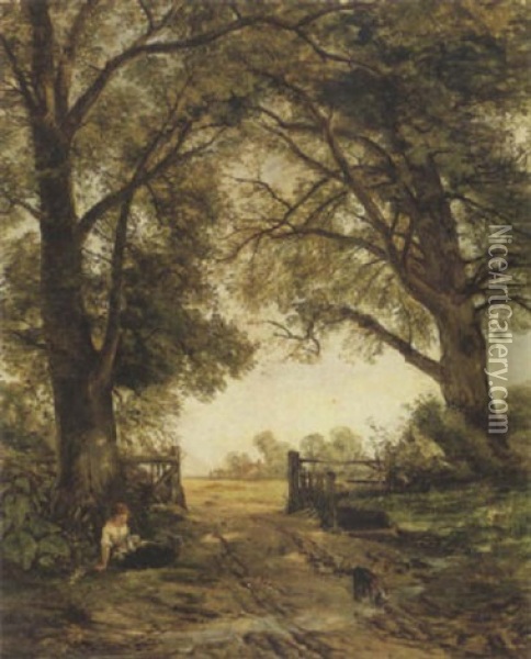 Girl And Dog On A Woodland Path Oil Painting - Thomas Creswick