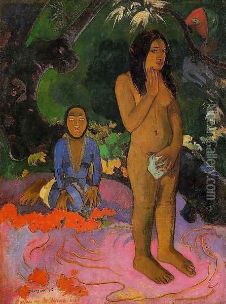 Parau Na Te Varua Ino Aka Words Of The Devil Oil Painting - Paul Gauguin