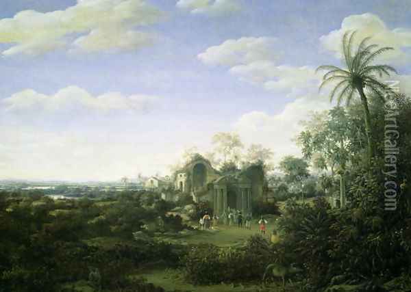 A Brazilian Landscape with a Procession Emerging from the Ruined Cathedral of the See of Olinda, Capital of the district of Perambue Oil Painting - Frans Jansz. Post